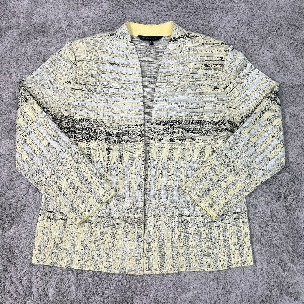 Ming Wang Sweater Women PXL Yellow Black Abstract Long Sleeve Cardigan